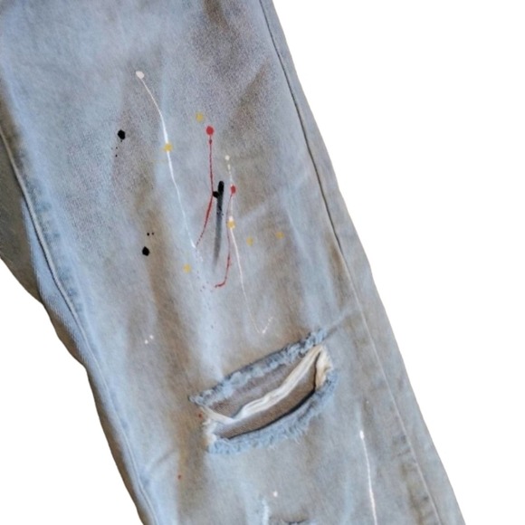 Grace Chow Jeans Size 8 WIDE LEG Distressed Painted Straight  Baggy 100% Cotton - Picture 5 of 16